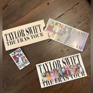 Taylor Swift Eras tour VIP box items - souvenir ticket, pin, sticker